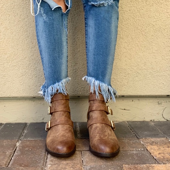 NIB Cognac Vegan Leather Buckle Ankle Booties - Picture 4 of 8